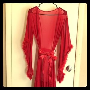 Sheer red long robe with gorgeous feather trim